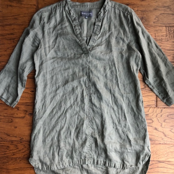 Michael Stars Olive Green Linen V-Neck Oversized Tunic Top Hi-Lo, Medium - Picture 1 of 3